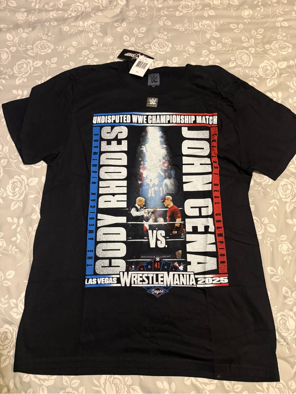 WWE Black Graphic Tee with Red, Blue, White WrestleMania 2025 Print